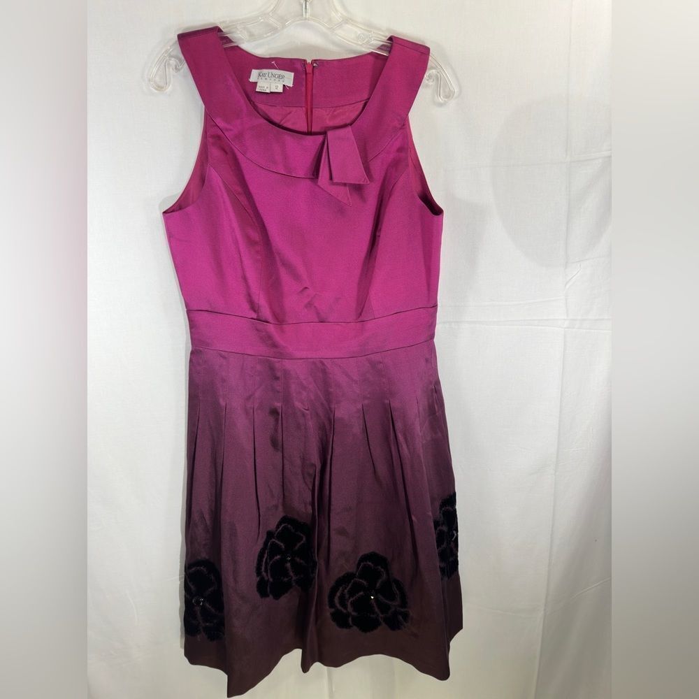 Kay Unger Silk Ombre Cocktail Dress Size 12 Purple Pink Fit & Flare Floral Hem - Picture 3 of 12